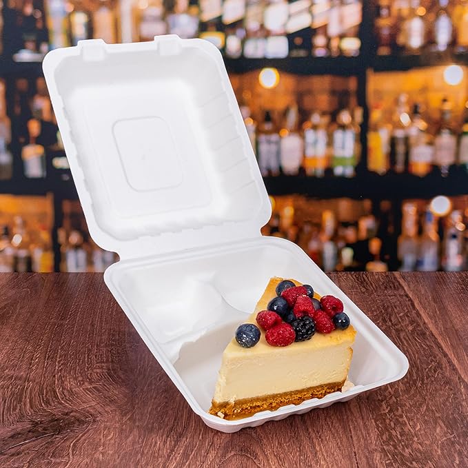 White Disposable Food Containers with Lids, To Go Clamshell, Take Out Boxes for Delivery, Cakes, Desserts, Party Favors, Events, 8x8 50 Pack