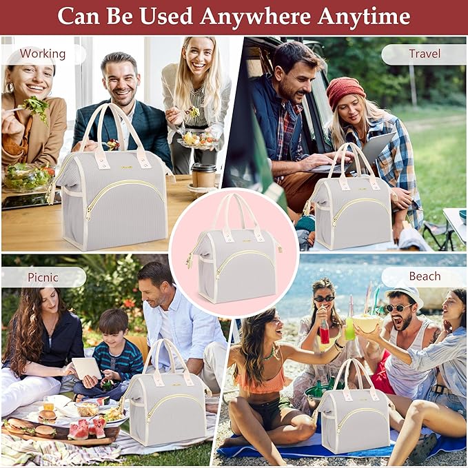 LOKASS Lunch Bag Women Insulated Lunch Box Wide-Open Lunch Tote Bag Large Cooler Bag for Work Picnic Hiking Beach(Light Gray)