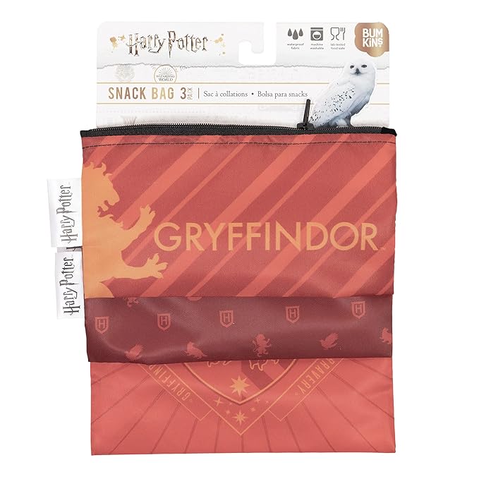 Bumkins Reusable Sandwich and Snack Bags, for Kids School Lunch and for Adults Portion, Washable Fabric, Waterproof Cloth Zip Bag, Travel Pouch, Food-Safe Storage, 3-pk Harry Potter Griffindor