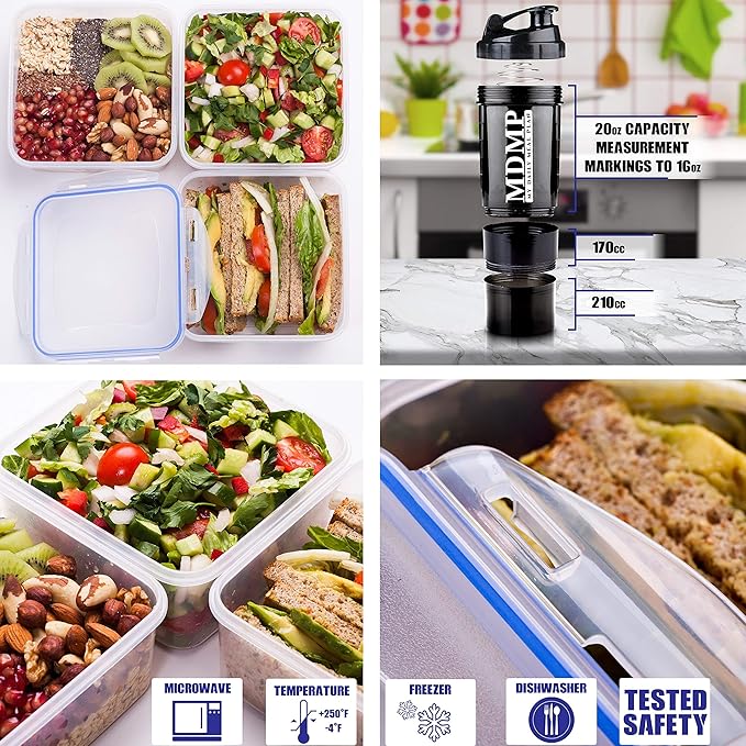 My Daily Meal Plan Navy Blue 45 Oz. Insulated Lunch Bag/Box For Men, Women + 3 Large Food Containers + 2 Big Reusable Ice Packs + Shoulder Strap + Shaker With Storage