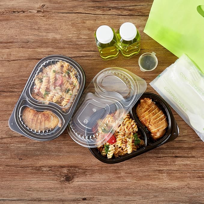 Restaurantware RW Base 20 Ounce Meal Prep Containers, 100 Microwavable To Go Containers With Lids - Disposable, Freezable, Black Plastic Oval Food Containers, Pack Hot And Cold Food, For Takeaway