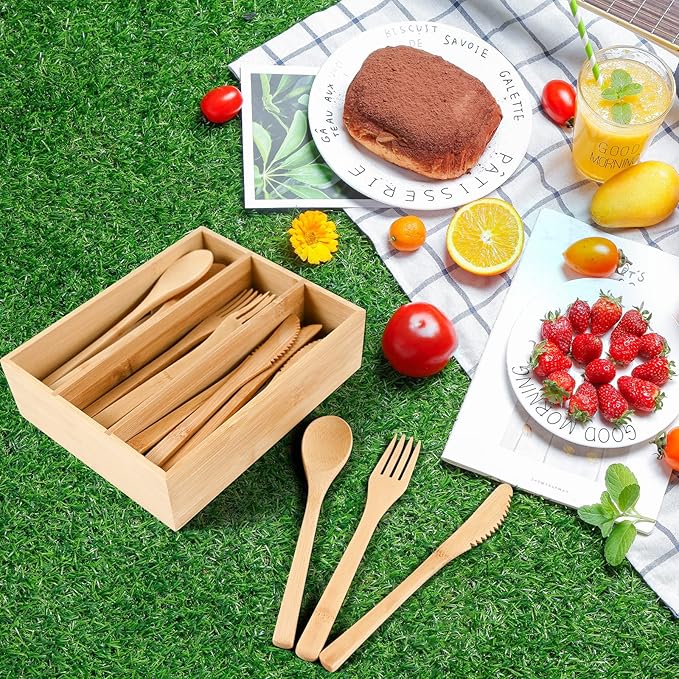 Bamboo Cutlery Reusable with Silverware Organizer, 16Pcs Flatware Set with Bamboo Forks Spoons Knives, Reusable Cutlery with Portable Storage Case for Home and Travel Camping Hiking