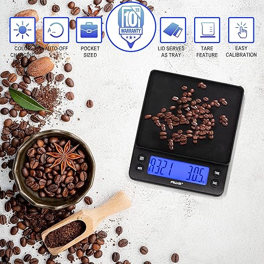 American Weigh Scales Barista SeriesMultifunctional Digital Kitchen Coffee Scale Bright Back-lit LCD3000 G x 0.1 G
