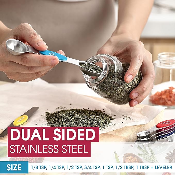 Spring Chef Dual Sided Meat Tenderizer, Black & Stainless Steel Magnetic Measuring Spoons, Set of 8, Multi-Color - 2 Product Bundle