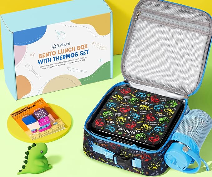 Fimibuke Bento Box for Kids Adult - Leakproof 3-4 Compartments Lunch Bento Box Set with Insulated Thermos Food Jar, Water Bottle, Lunch Bag, Sauce Cup & Cutlery for Toddler Teen Shcool Girl Boy Age 3+