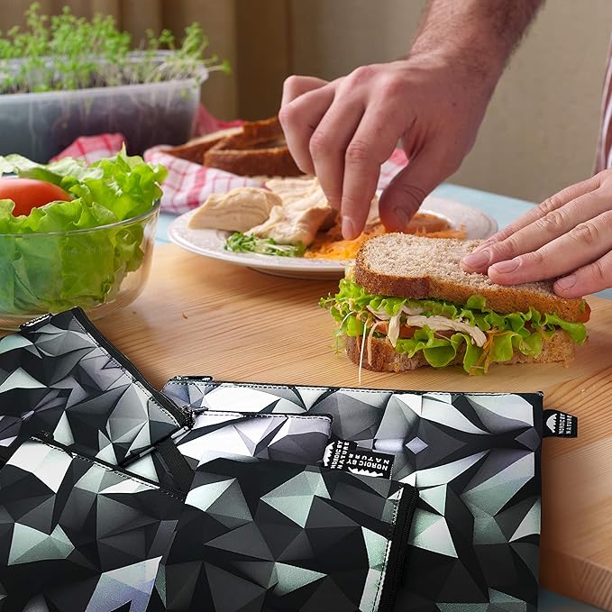 Nordic By Nature Reusable Sandwich Bag Snack Bags - Value Pack of 5 Dual Layer Lunch Baggies - Dishwasher Safe - Eco Friendly Cloth Wraps - Easy Open Zipper (Black Mosaic)