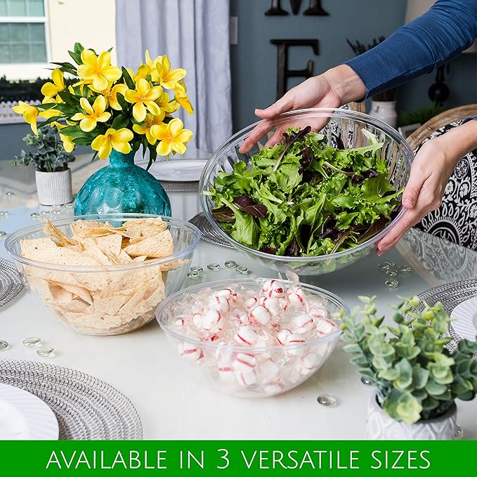 PLASTICPRO Disposable 96 Ounce Round Crystal Clear Plastic Serving Bowl With Lid - Party Snack or Salad Container, Chip and Candy Dish - Pack of 4