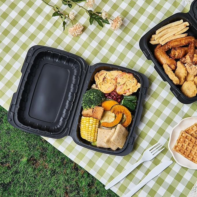 9X6 1-Compartment 50-Pack Plastic Clamshell Containers Food To Go Box Heavy Duty Disposable Hinged With Secure Snap Lid (Formerly FULING)