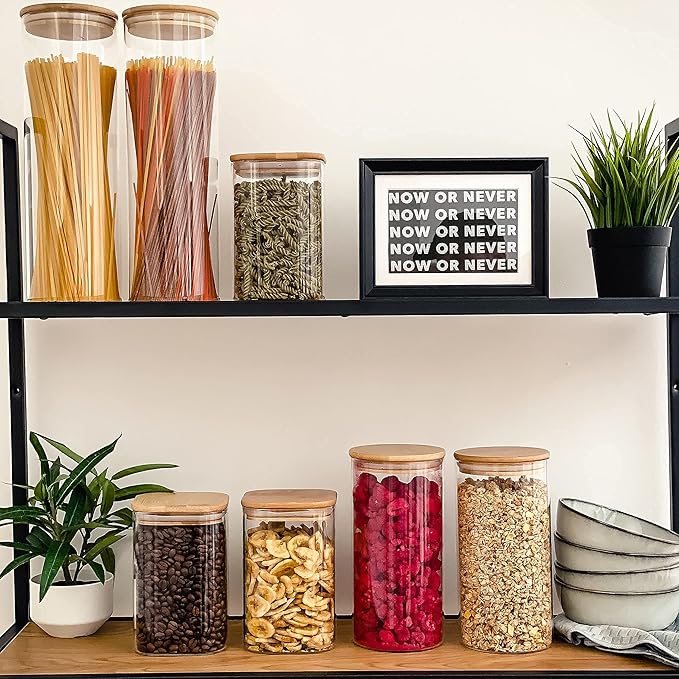Kitchen Storage Jars 34oz - Set of 3 Bamboo Lid Storage Containers - Square Glass Food Storage Jars - Airtight Glass Pantry Storage