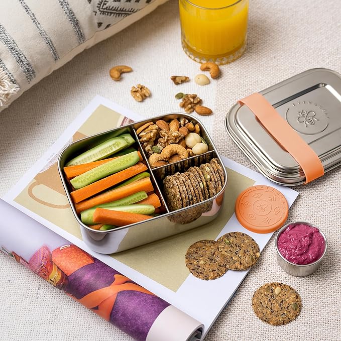 Everusely - Bento Box for Kids - Orange, 6.5x4.7 / 27oz - Stainless Steel Lunch Box w/Leakproof Condiment Container - 3 Compartment Snack Box for School, Office Meals - Freezer & Dishwasher Safe