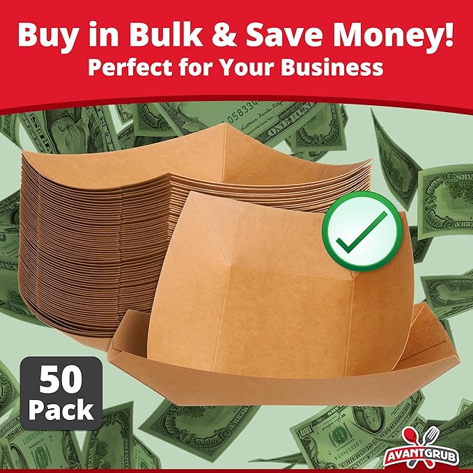 Eco Friendly, USA-Made 3lb Food Holder Trays 50 Pack. Compostable Kraft Paper Container for Diners, Concession Stands or Camping. Best Sturdy 3 Lb Disposable Party Snack Boat for Nachos, Tacos or BBQ