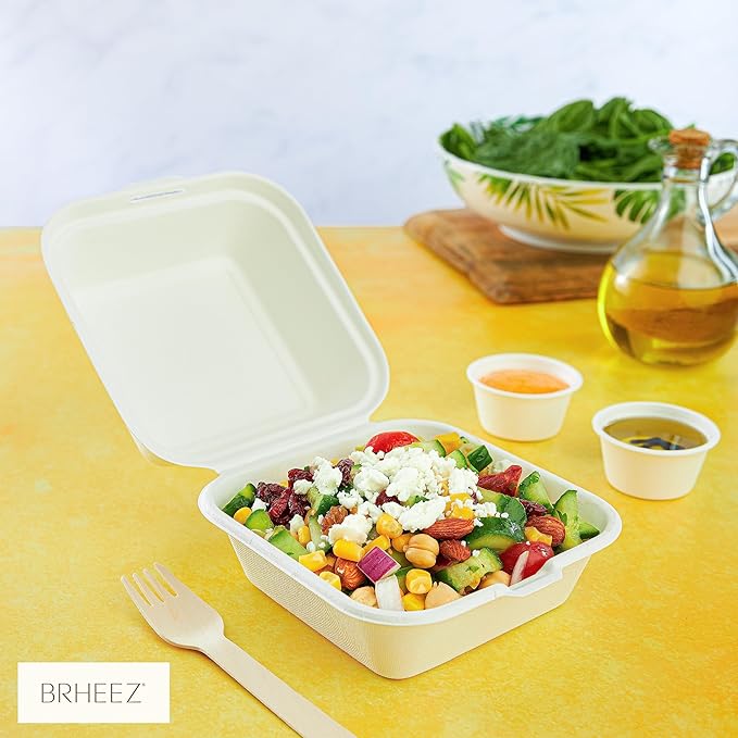 brheez Disposable Clamshell To Go Containers - Bagasse Fiber Biodegradable Containers with Lids for Takeout, Parties, & Holidays - Pack of 50 Chemical-Free, 1-Compartment Boxes, 6"x6", White