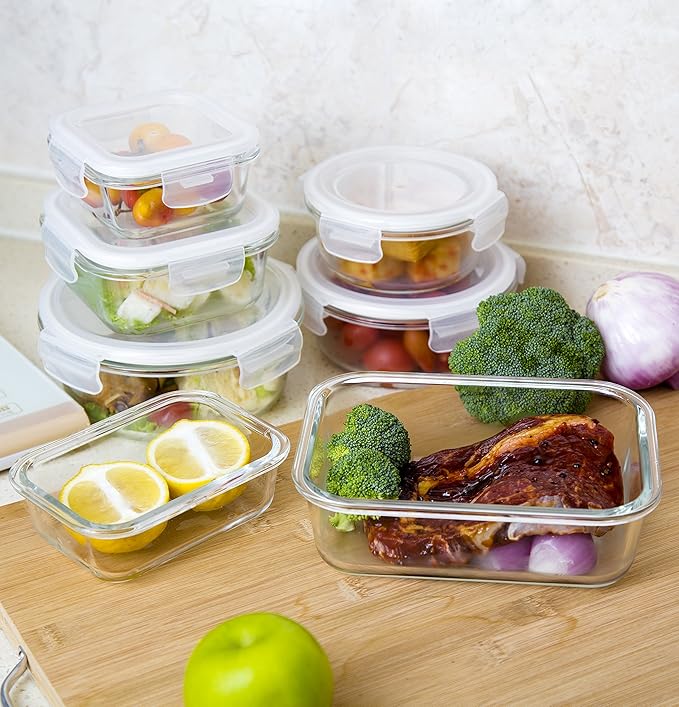 Bayco Glass Storage Containers with Lids, 9 Sets Glass Meal Prep Containers Airtight, Glass Food Storage Containers, Glass Containers for Food Storage with Lids - Leak Proof