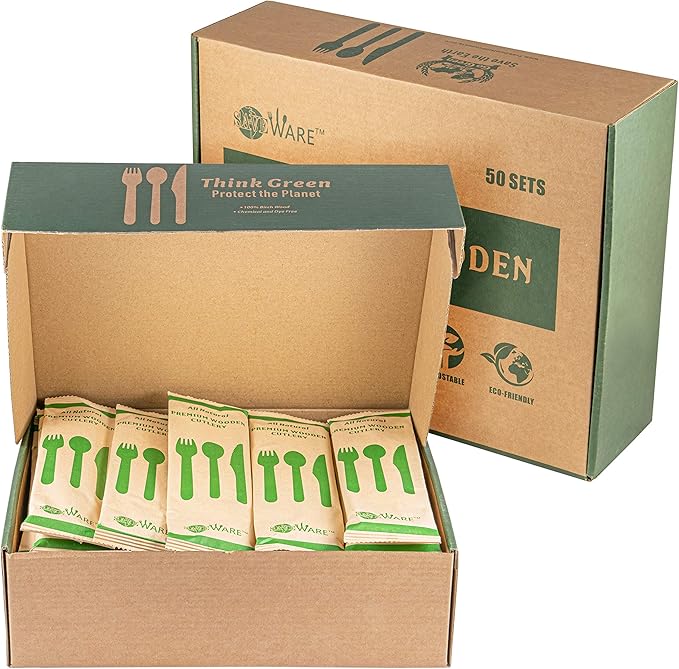 Disposable Wooden Cutlery Set – 50 Set Combo Pack Camping Utensils (Fork, Knife, Spoon, Paper Straw and Napkin) Compostable Birch Wood Bio Degradable Alternative to Plastic Spoons for Camping Picnic