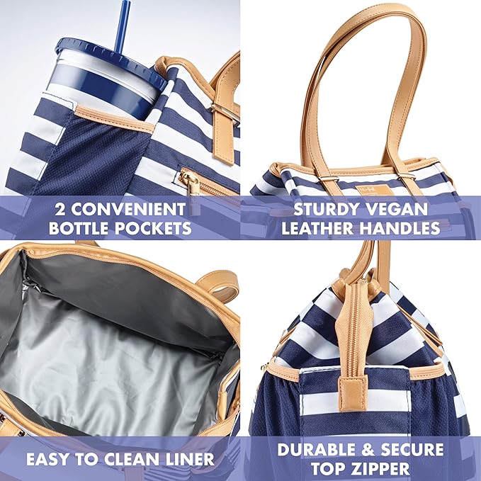 Fit & Fresh Lunch Bag For Women, Insulated Womens Lunch Bag For Work, Stain-Resistant Large Lunch Box For Women With Salad Container and Matching Tumbler, Zipper, Copley Lunch Kit, Navy Stripe