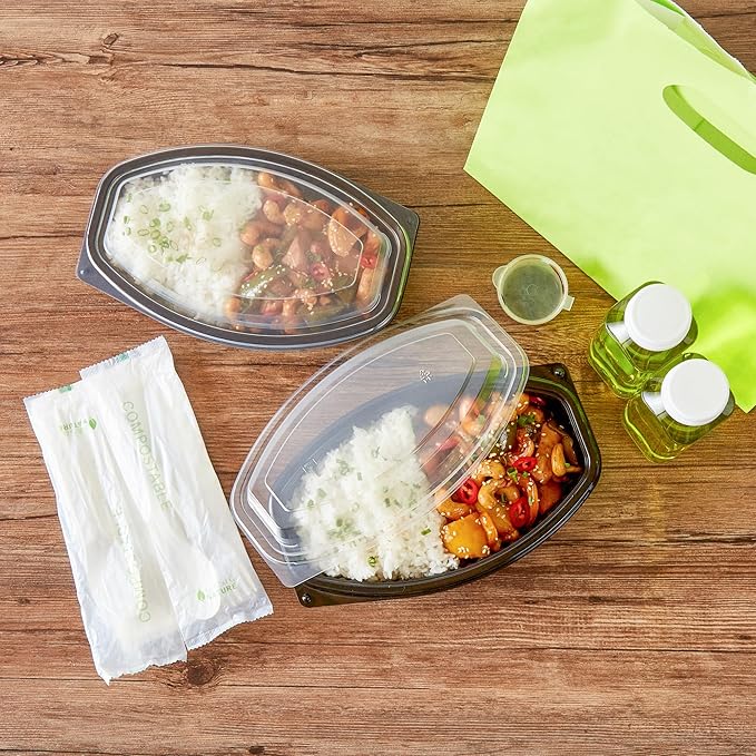 RW Base 21 Ounce Meal Prep Containers, 50 Microwavable To Go Containers With Lids - Disposable, Freezable, Black Plastic Oval Food Containers, Pack Hot And Cold Food, For Takeaway - Restaurantware