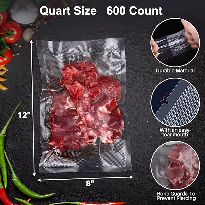 600 Vacuum Sealer Bags For Food 8x12 Inch, BPA Free Quart Freezer Sealed Bags, Compatible with All Heat Vacuum Sealers Machine, Heavy Duty, Great for vac storage, Meal Prep or Sous Vide