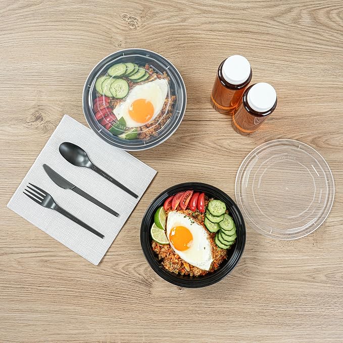Restaurantware Asporto 24 Ounce To Go Boxes 100 Microwavable Take Out Food Containers - Clear Plastic Lids Included Do Not Contain BPA Black Plastic Catering Food Containers Disposable Round
