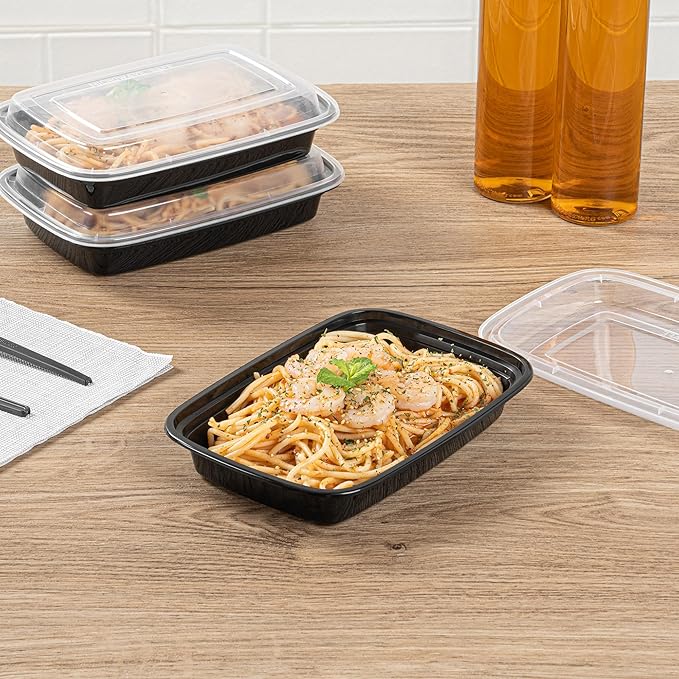 Restaurantware Asporto 16 Ounce To Go Boxes 100 Microwavable Round Soup Containers - Clear Plastic Lids Included Do Not Contain BPA Black Plastic Catering Food Containers Disposable
