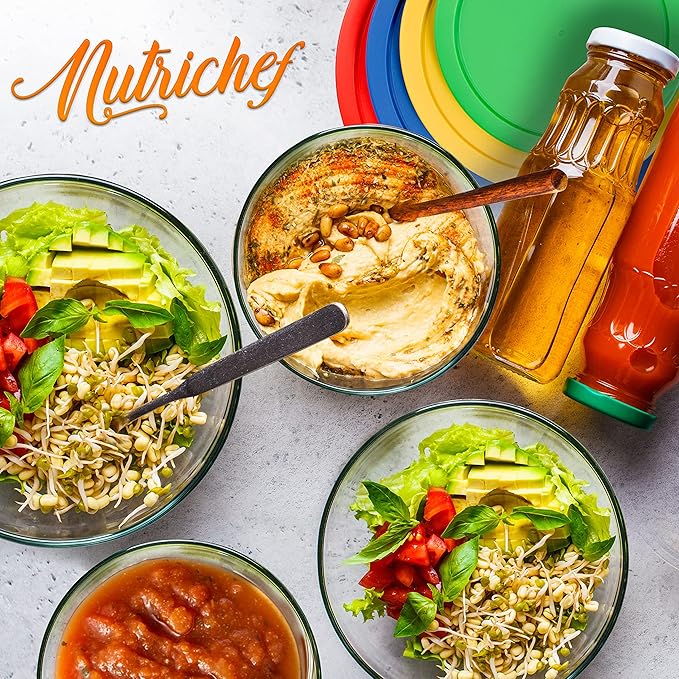 NutriChef 4-Pack Glass Mixing Bowls with BPA-Free Lids, Stackable Nesting Salad Bowls (1QT, 1.6QT, 2.5QT, & 3.7QT), Prepping and Baking Food Storage Set, Dishwasher, Freezer, & Microwave Safe