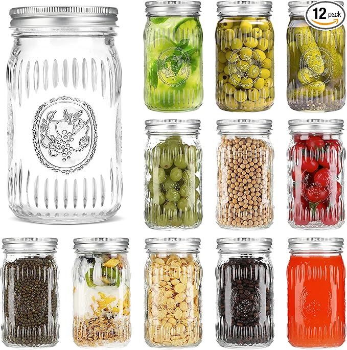 Mason Jars 32 oz, 12 Pack Glass Wide Mouth Mason Jars, with Airtight Lids and Bands, Large Canning Jars for Food Storage, Pickling, Meal Prep, DIY Decor, Fruit Print, Safe for Microwave & Dishwasher