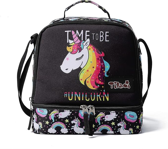 Tilami Lunch Bags Insulated Adjustable Strap Zipper, Two Compartments Cooler Bags, Bento Bags for Kids Toddlers, Unicorn Cute