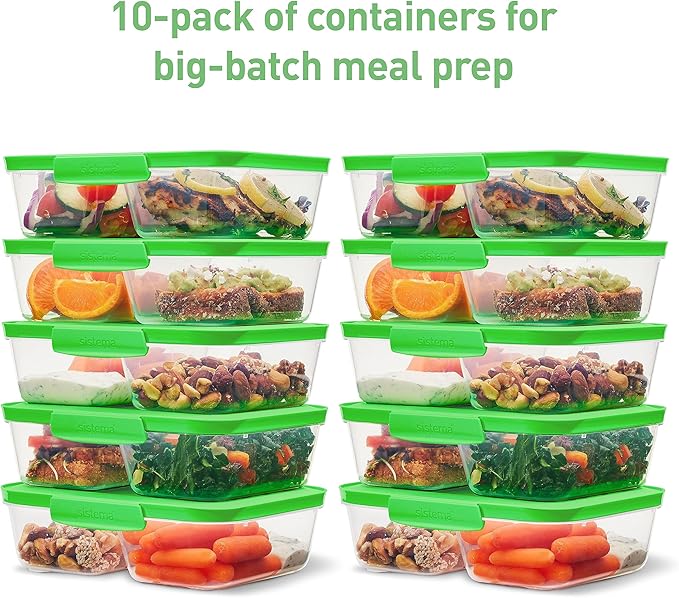 Sistema Nest It Meal Prep Food Storage Containers with Lids, 2 Compartments, 3.7 Cups, Plastic, 10-Pack, Green