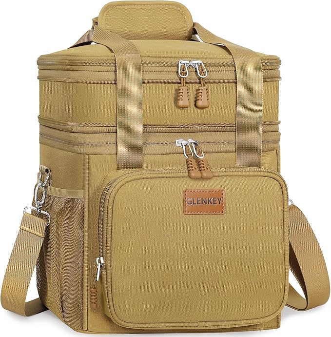 GLENKEY Expandable Large Lunch Box, Insulated Heavy Duty Lunch Bag Waterproof Leakproof Durable Cooler Bag for Men Women Adults Work Construction Camping Trip, 16L, Brown