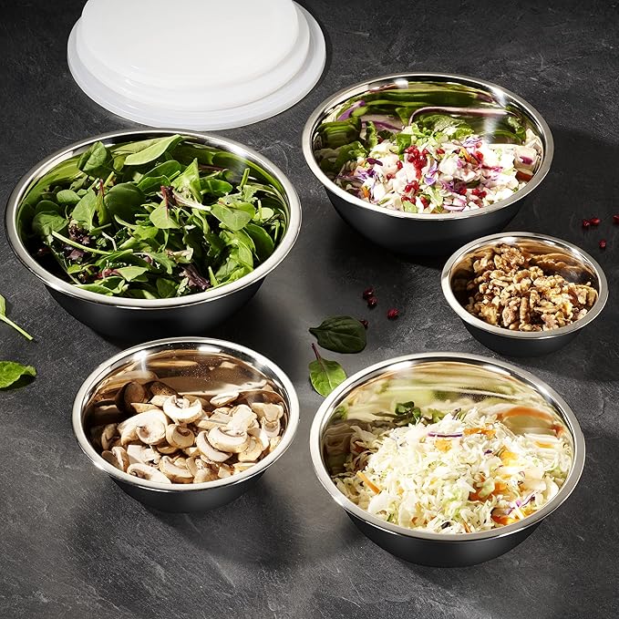 WHYSKO Stainless Steel Mixing Bowl Set, 10 Piece Stainless Steel Mixing Bowls with Lids Set for Food Prep Storage and Serving, Dishwasher Safe Microwave Safe for Kitchen Baking Cooking, Black