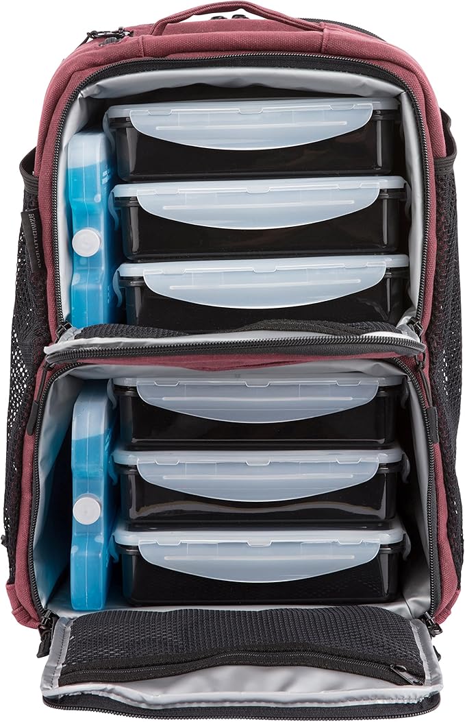 EDC Meal Prep Bag - Full Meal Prep Lunch Box Management System includes Portion Control Meal Prep Containers + Ice Pack (3 Meal Insulated Cooler Bag, Black) (6 meal (Backpack), Maroon (Waxed Canvas))