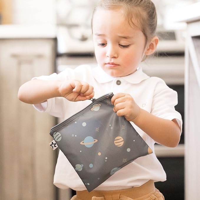 Tiny Twinkle 3 Pack Reusable Snack Bags - Machine Washable, PFAS, PVC, BPA, Phthalate-Free Reusable Baby and Toddler Food Safe Snack Bags (Space)