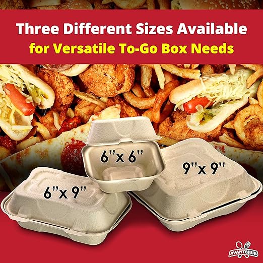 Durable, Leak-Proof Take-out Food Box, 50 Pack. Large, 9 x 9 Sturdy Plant-Based, Gluten-Free Compostable Wheatstraw Fiber Clamshell Hinged Container, Microwavable and Great for Restaurant Carryout