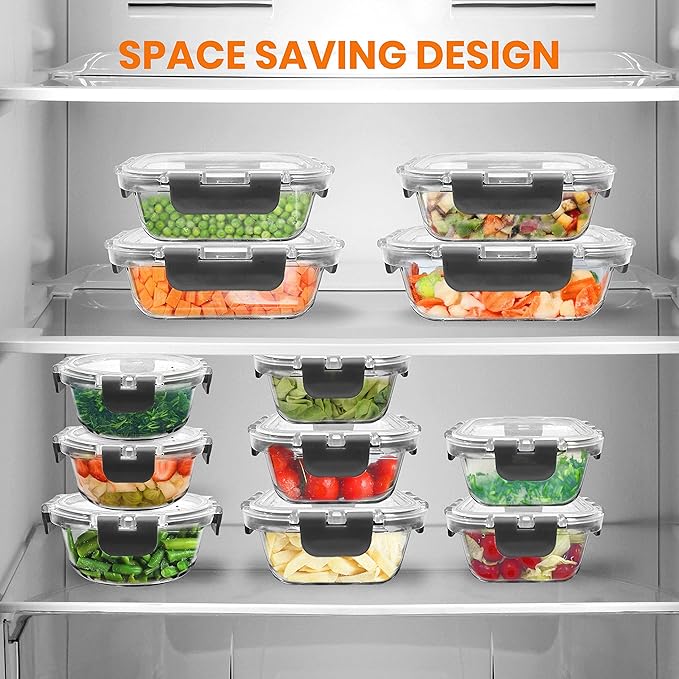 NutriChef 24pcs Glass Food Storage Containers, (12 Stackable Heavy Duty Meal Prep Containers w/ 12 Airtight Lids), Microwave, Freezer, & Dishwasher Safe for Food, Snacks, Fruit & More, (Gray)