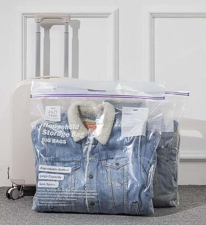 15 XX-Large Plastic Storage Bags, 10 Gallons, Zero BPA, Double Zipper Seal, 3 Mils Thick, Double Layer Carry Handle, 24"x20"x7", Moving, Seasonal, Travel