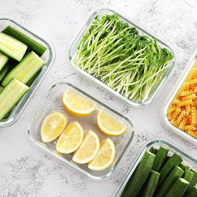 HOMBERKING 10 Pack 22oz Glass Meal Prep Containers, Glass Food Storage Containers with Lids, Airtight Glass Lunch Bento Boxes, BPA-Free & Leak Proof (10 lids & 10 Containers) - White
