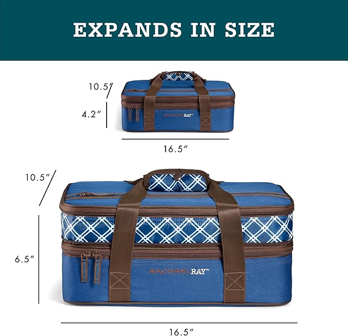 Rachael Ray Expandable Insulated Casserole Carrier for Hot or Cold Food, Thermal Lasagna Lugger Tote for Potluck, Parties, Picnic, and Cookouts, Fits 9" x 13" Baking Dish