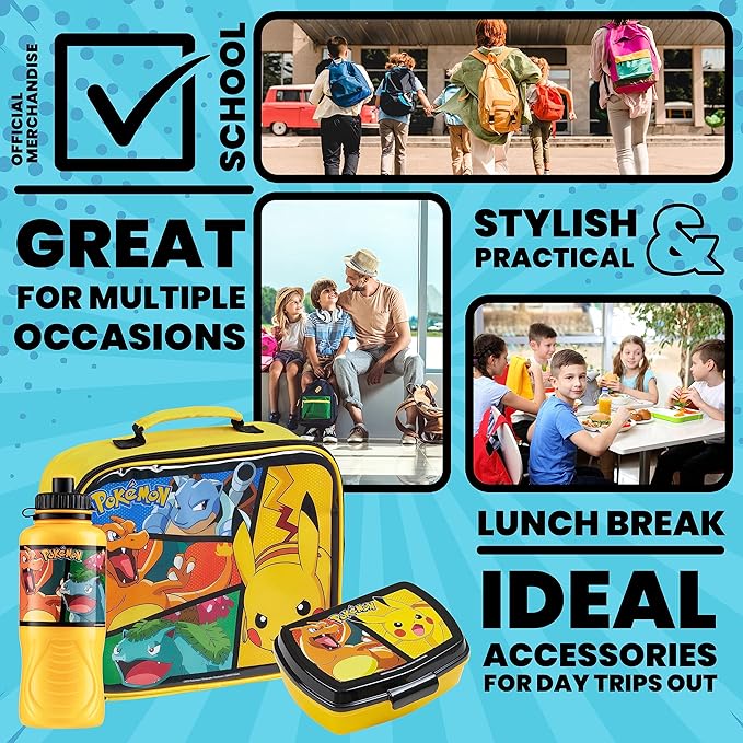 Pokemon Kids Insulated Lunch Bag, Lunch Box and Water Bottle, 3 Piece Set (Yellow)