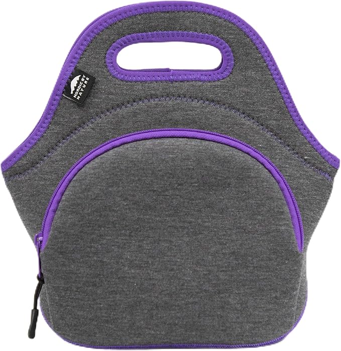 Nordic By Nature Neoprene Lunch Bag for Women & Lunch tote for Kids Insulated Lunch bag Reusable Washable Extra Thick Neoprene & Soft Cotton Feel, Premium Stitching, Outside Pocket, (M) Purple