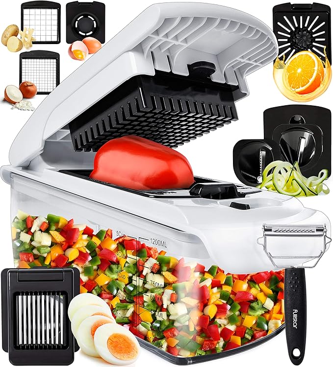 Fullstar Vegetable Chopper and Spiralizer - Food Chopper with Container, Fruit Slicer, Kitchen Gadgets & Accessories, Home Essentials (9 in 1, White)
