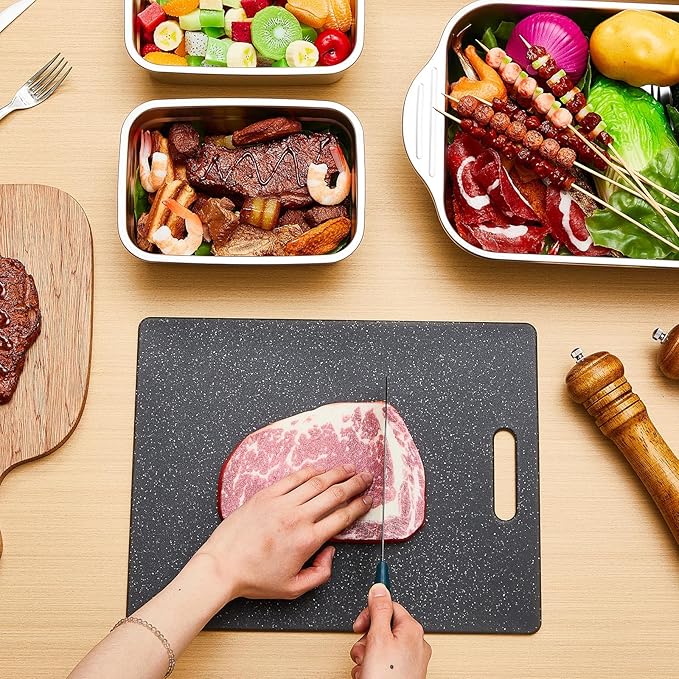 4 Pcs Grill Prep Trays Set Includes Stainless Steel Grilling Prep and Serve Tray Grill Platter 2 Marinade Container with Lids and Cutting Board for BBQ Outdoor Grilling (Deep Tray)