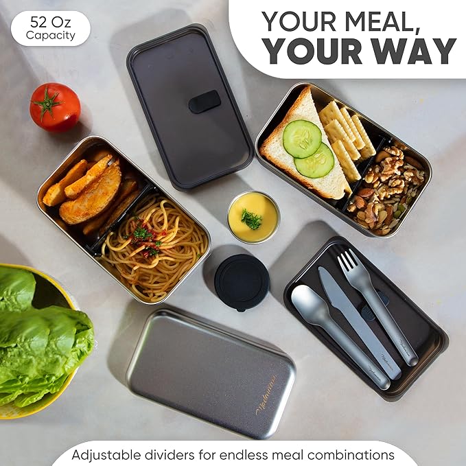 Premium Stainless Steel Bento Box Adult Lunch Box with Compartments for Women & Men|leak proof| Microwavable| Stackable Japanese Bento Lunchbox| Metal Lunch box|Lunch Containers |47 Oz|Black