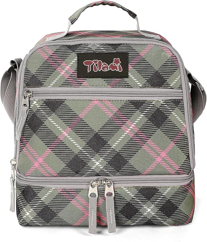 Tilami Lunch Bags Insulated Adjustable Strap Zipper, Water-Resistant Cooler Bags, Bento Bags for Kids Toddlers, Pink Plaid