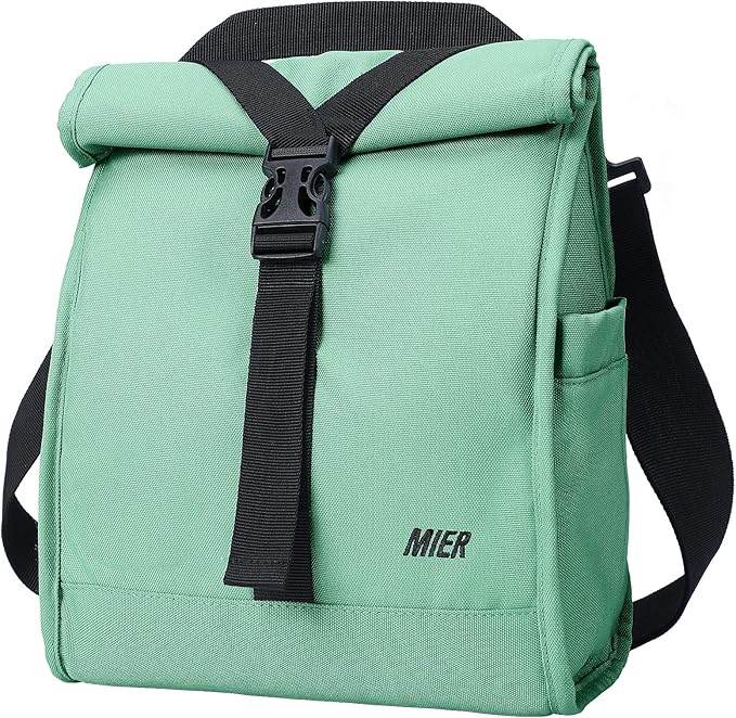 MIER Insulated Lunch Bag Roll Top Lunchbox for Women Men Adults Foldable Rolltop Lunch Tote with Shoulder Strap for Work Office Picnic, Water Bottle Holder, Green