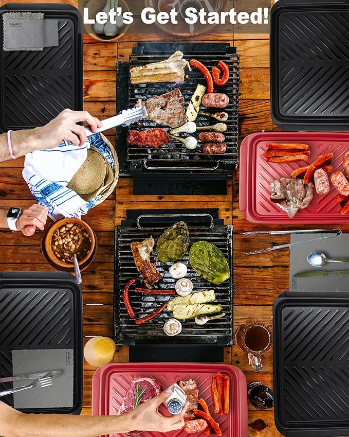 Grilling Prep and Serve Trays, BBQ Platter for Raw and Cooked Food, Melamine Serving Trays for Food, Set of 2, Black and Red, Napkin and Cleaning Clothes Included