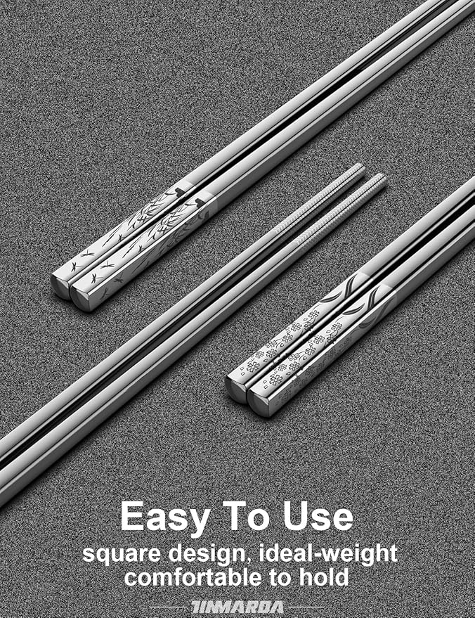 Metal Chopsticks Reusable 5 Pairs 18/8 Stainless Steel Chopstick Beautiful Engraving Patterns Dishwasher Safe Non-Slip Japanese Korean Chop Sticks Present Set