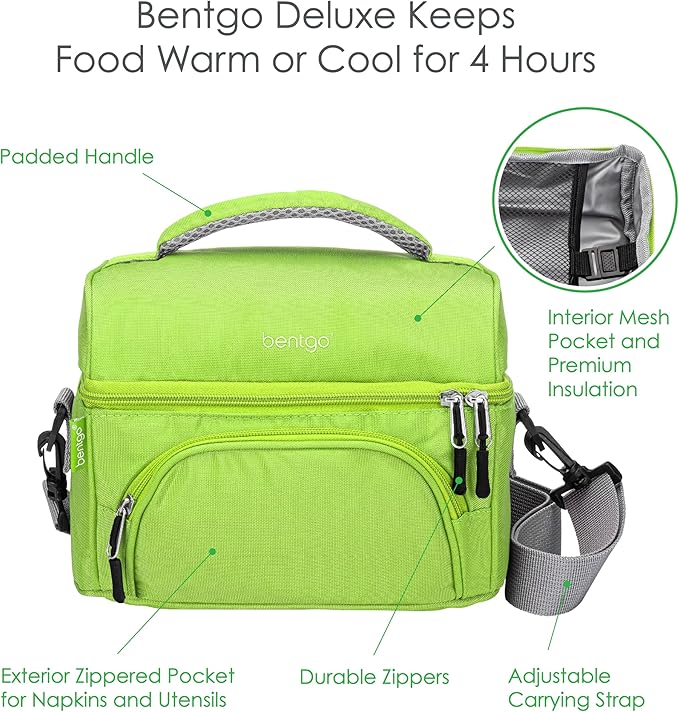Bentgo Deluxe Lunch Bag - Durable and Insulated Lunch Tote with Zippered Outer Pocket, Internal Mesh Pocket, Padded & Adjustable Straps, & 2-Way Zippers - Fits Most Bentgo Lunch Boxes (Green)