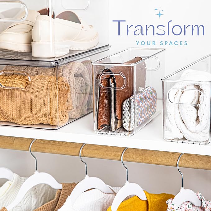 Plastic Food Storage 6 Pack Clear Container Bin with Handles for Organizing Kitchen, Pantry, Refrigerator, Freezer, Pantry, Cabinet, Closet, Bathroom. 10”x4”x6”