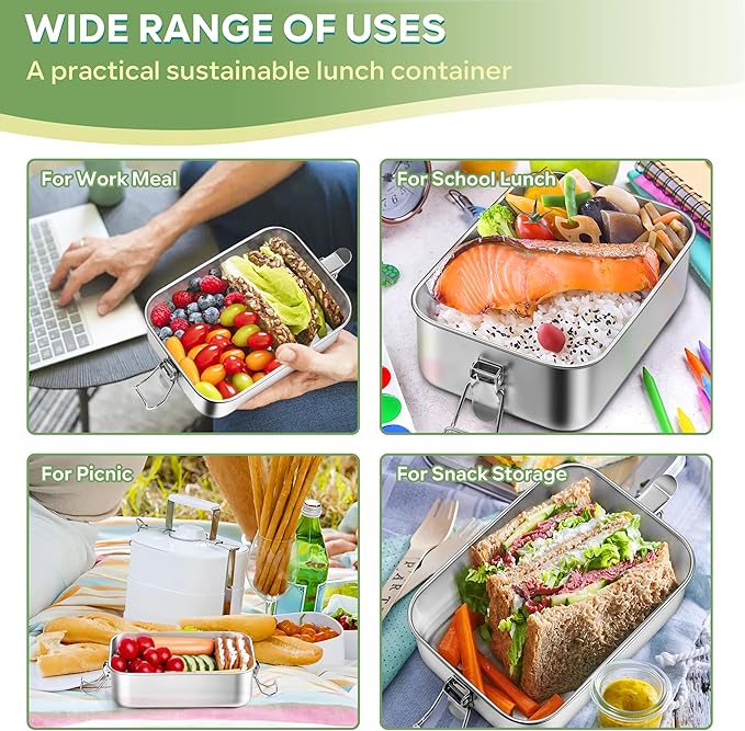 HaWare Stainless Steel Bento Box, 47oz (1400ML) Lunch Box Container with Lids and 2 Removable Dividers, Metal Lunch Containers with Locking Clips, Leak-Proof Food Storage Containers for Work School
