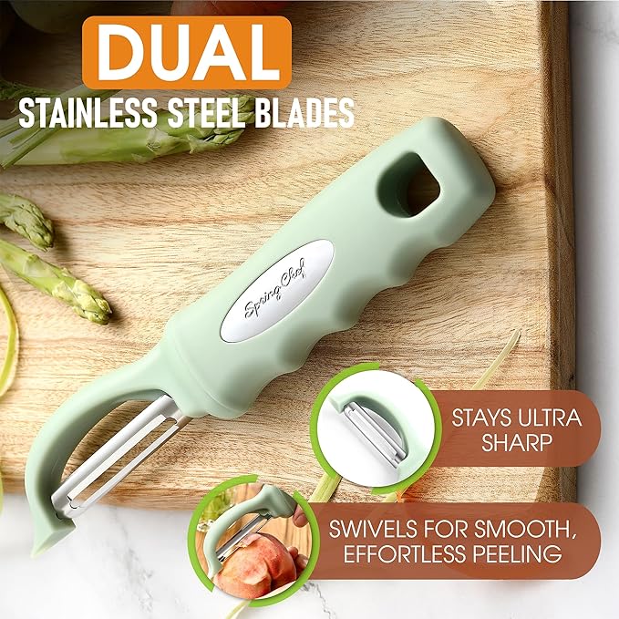 Spring Chef Premium Swivel Vegetable Peeler, Pistachio & Stainless Steel Magnetic Measuring Cups, Set of 7, Black - 2 Product Bundle