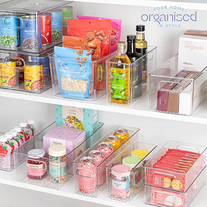 Plastic Food Storage Clear Container Bin with Handles for Organizing Kitchen, Pantry, Refrigerator, Freezer, Pantry, Cabinet, Closet, Bathroom. 14”x8”x5”